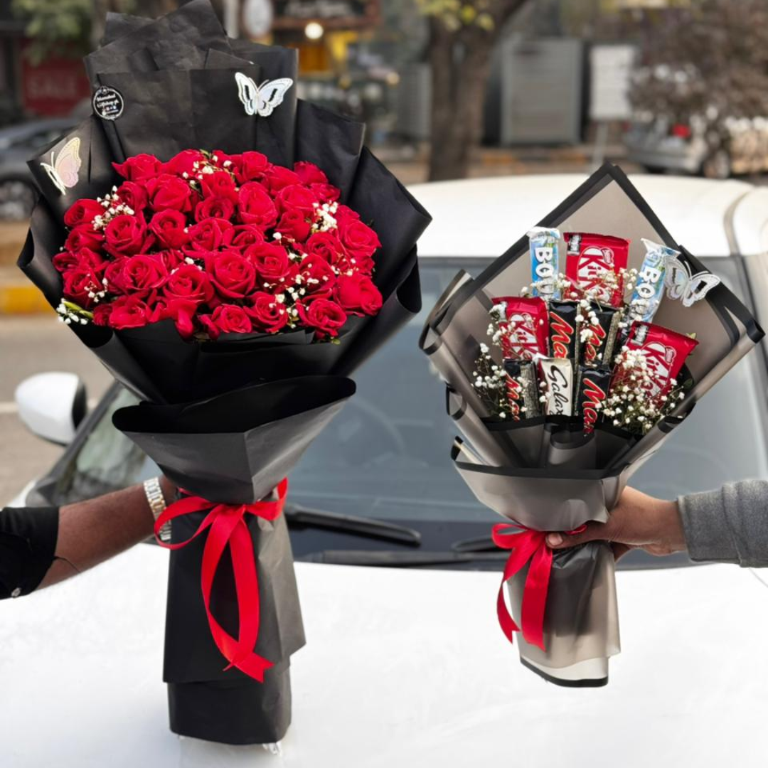 2-in-1 Luxury Red Roses Bouquet & Imported Chocolate Bouquet Combo